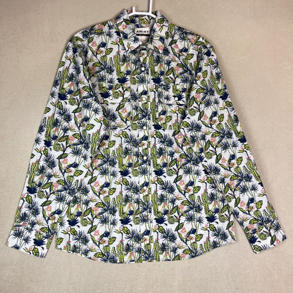 Ariat Hadkins Snap LS Shirt Mens Medium Oyster Gray Cactus Print Western Cotton